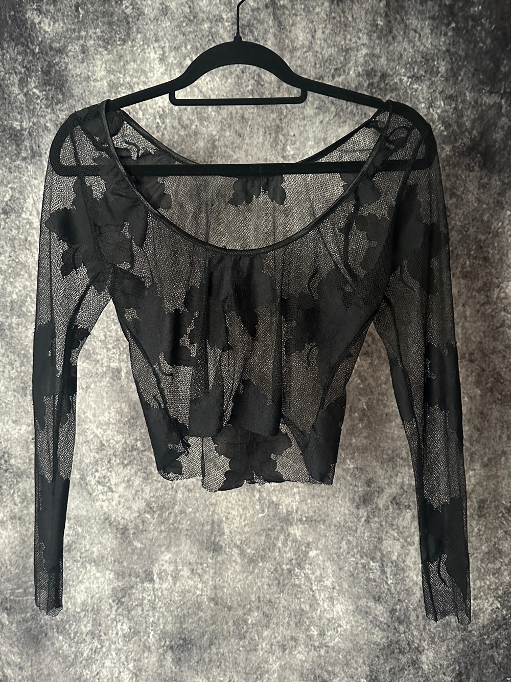 Black Sheer Floral Mesh Long-Sleeve Crop Top